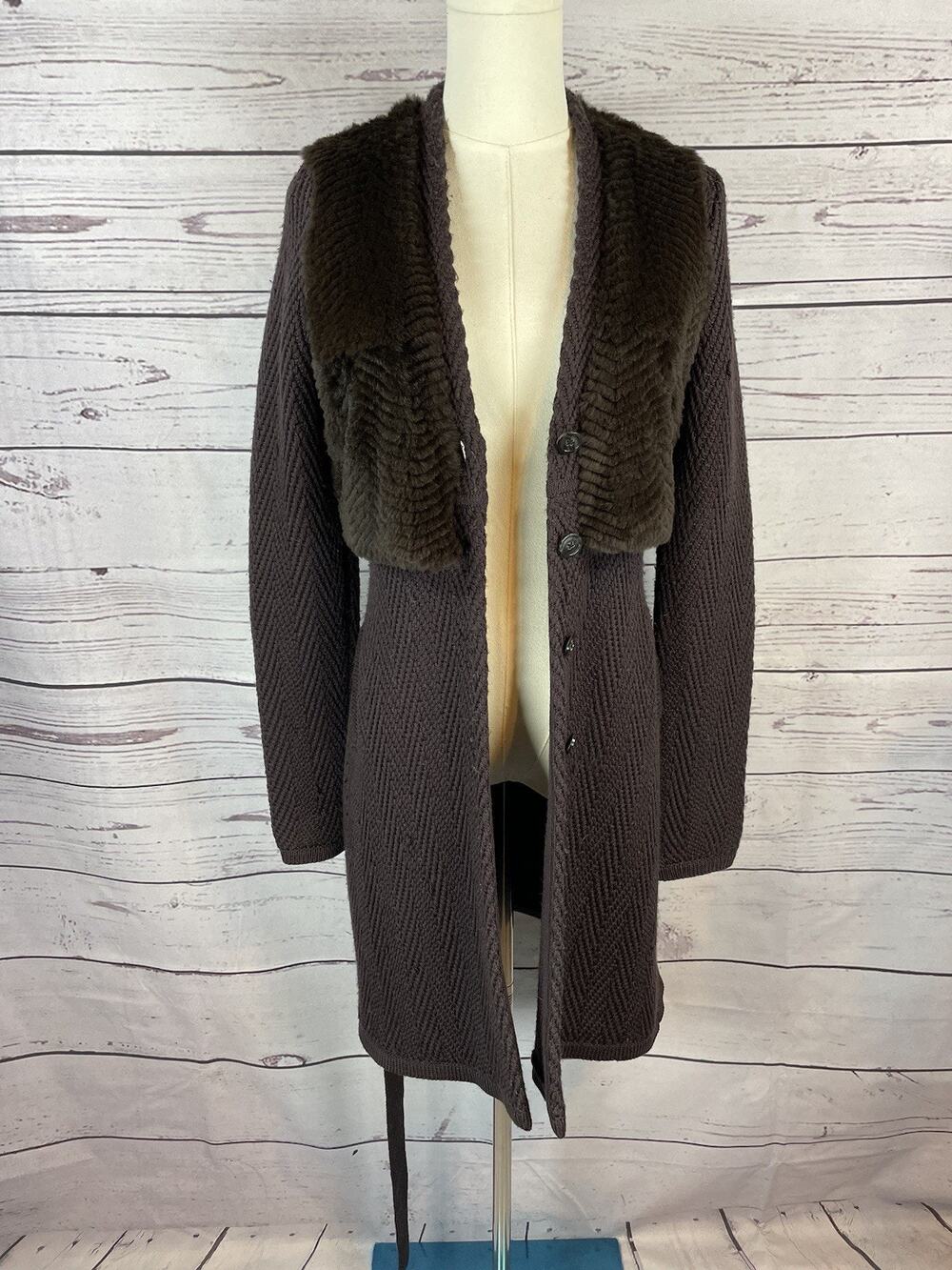 Elie Tahari 100% Wool Long Cardigan Sweater Brown Fur Trim Belted Women’s S